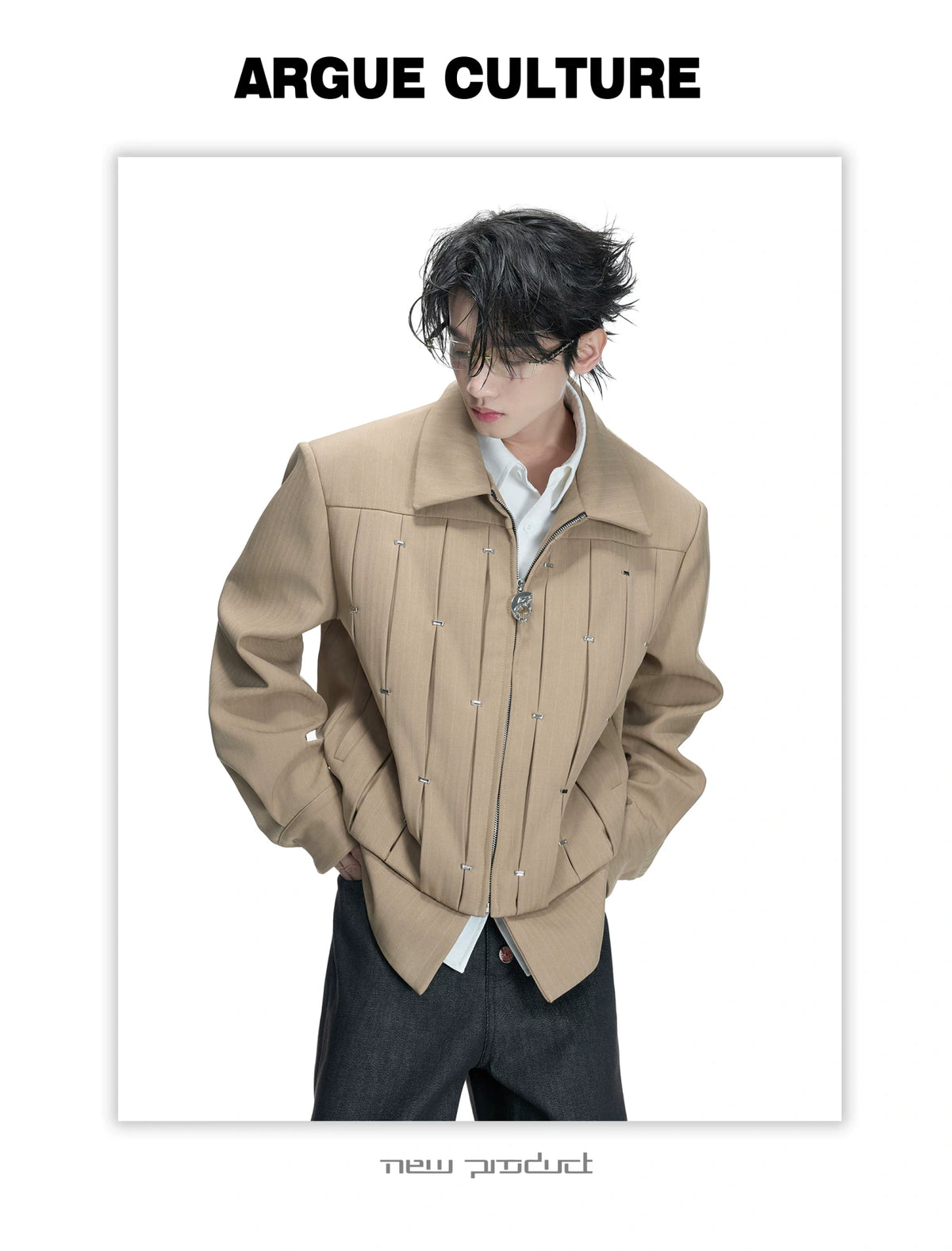 Pleated Faux Two-Piece Striped Jacket | Unisex Denim - description image 9