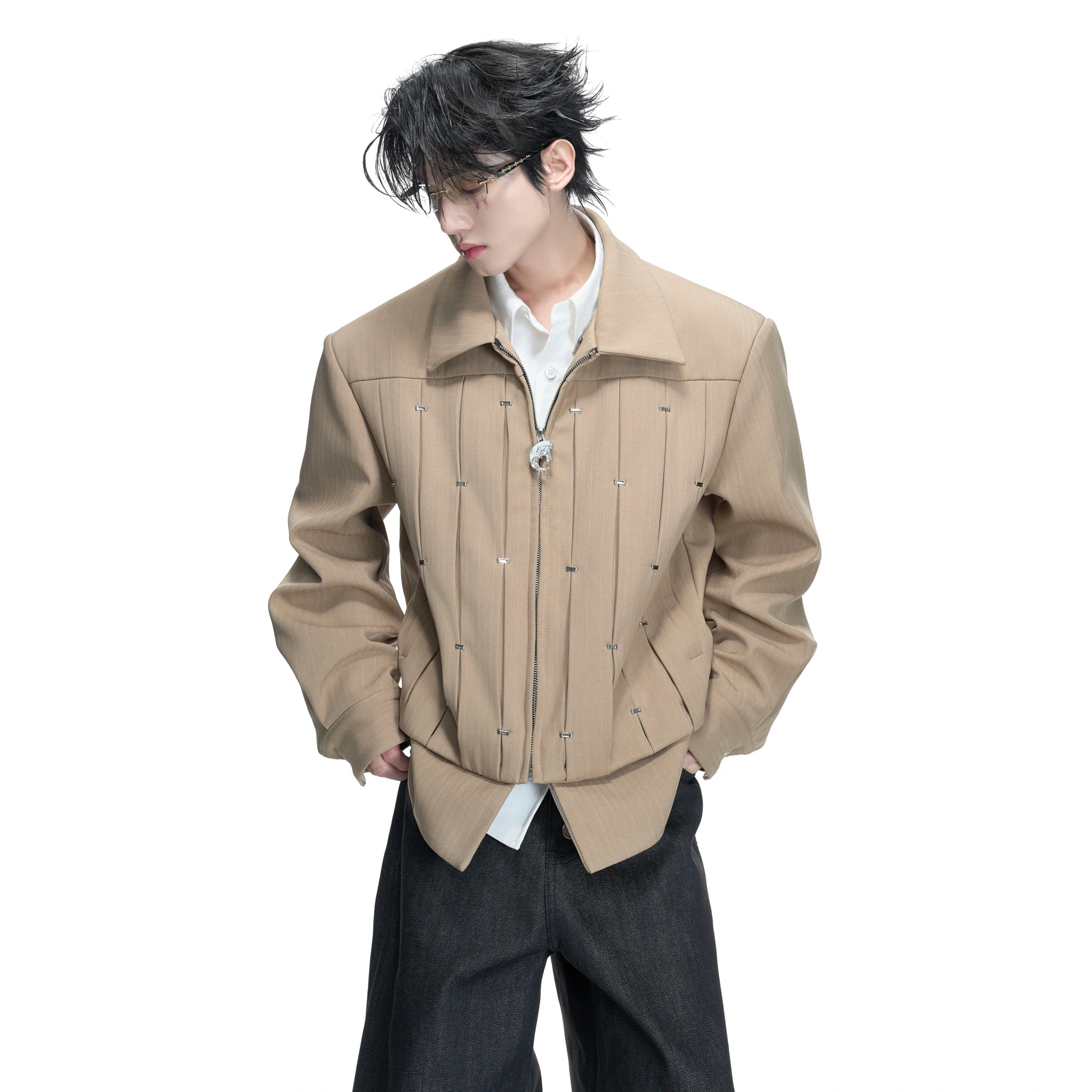 Pleated Faux Two-Piece Striped Jacket | Unisex Denim - main image 1