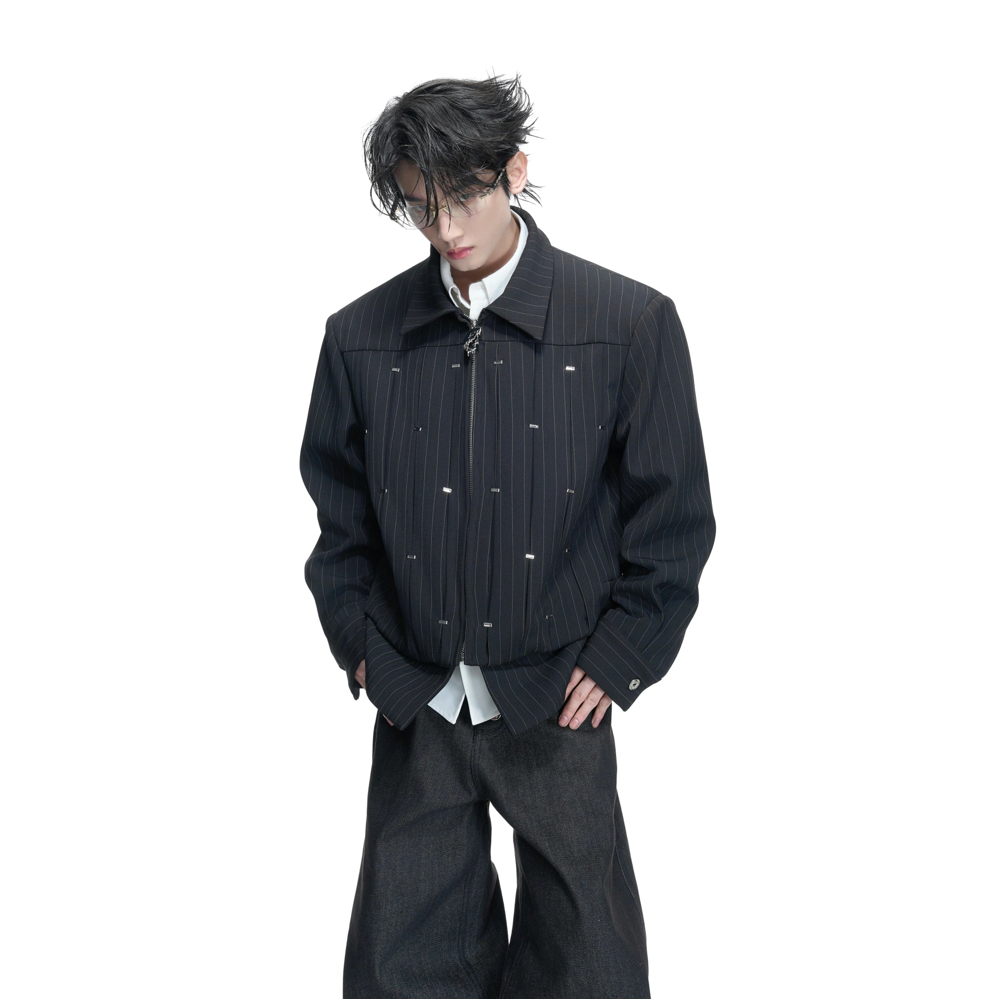 Pleated Faux Two-Piece Striped Jacket | Unisex Denim - main image 2