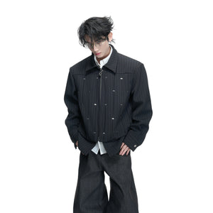 Pleated Faux Two-Piece Striped Jacket | Unisex Denim - main image 2