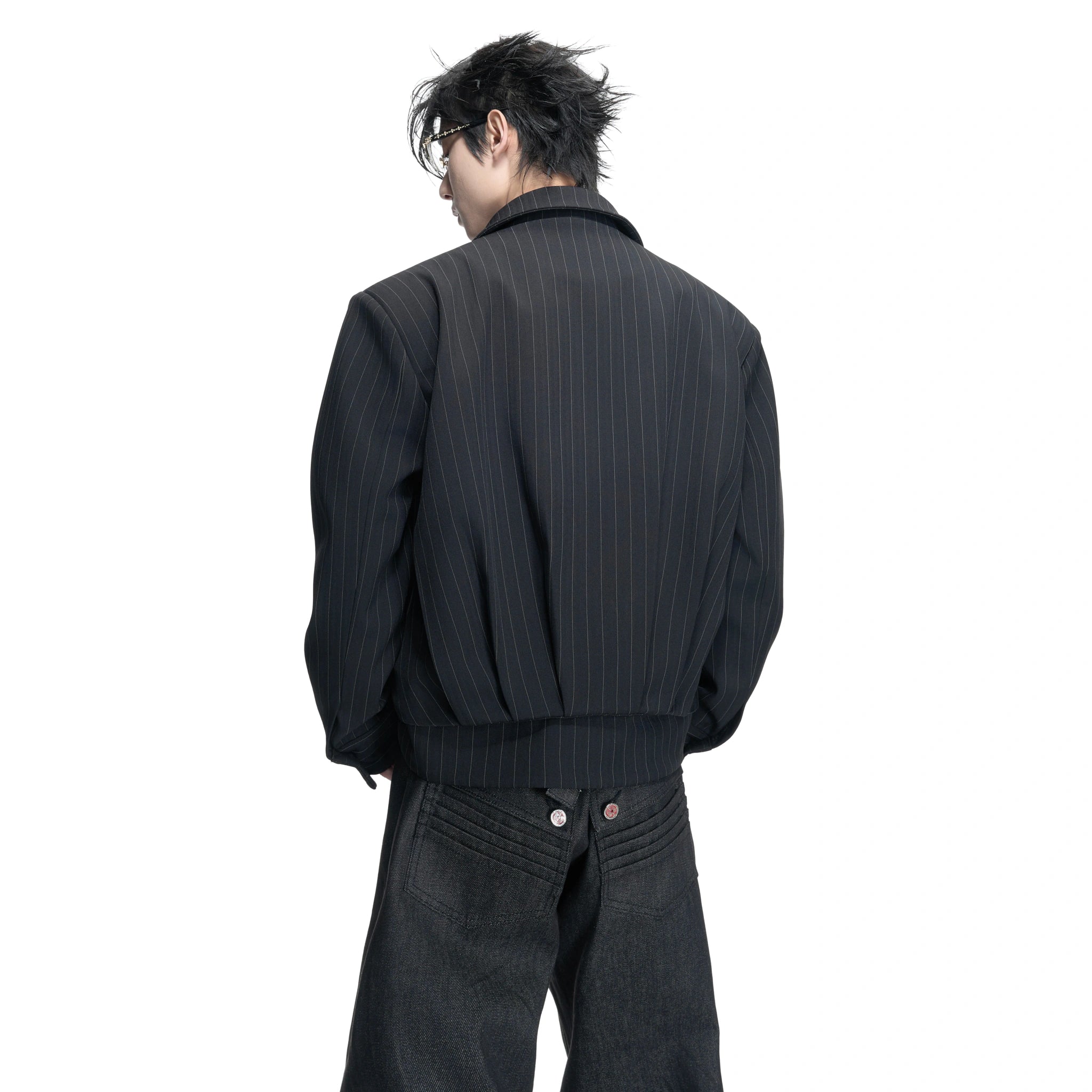 Pleated Faux Two-Piece Striped Jacket | Unisex Denim - main image 4