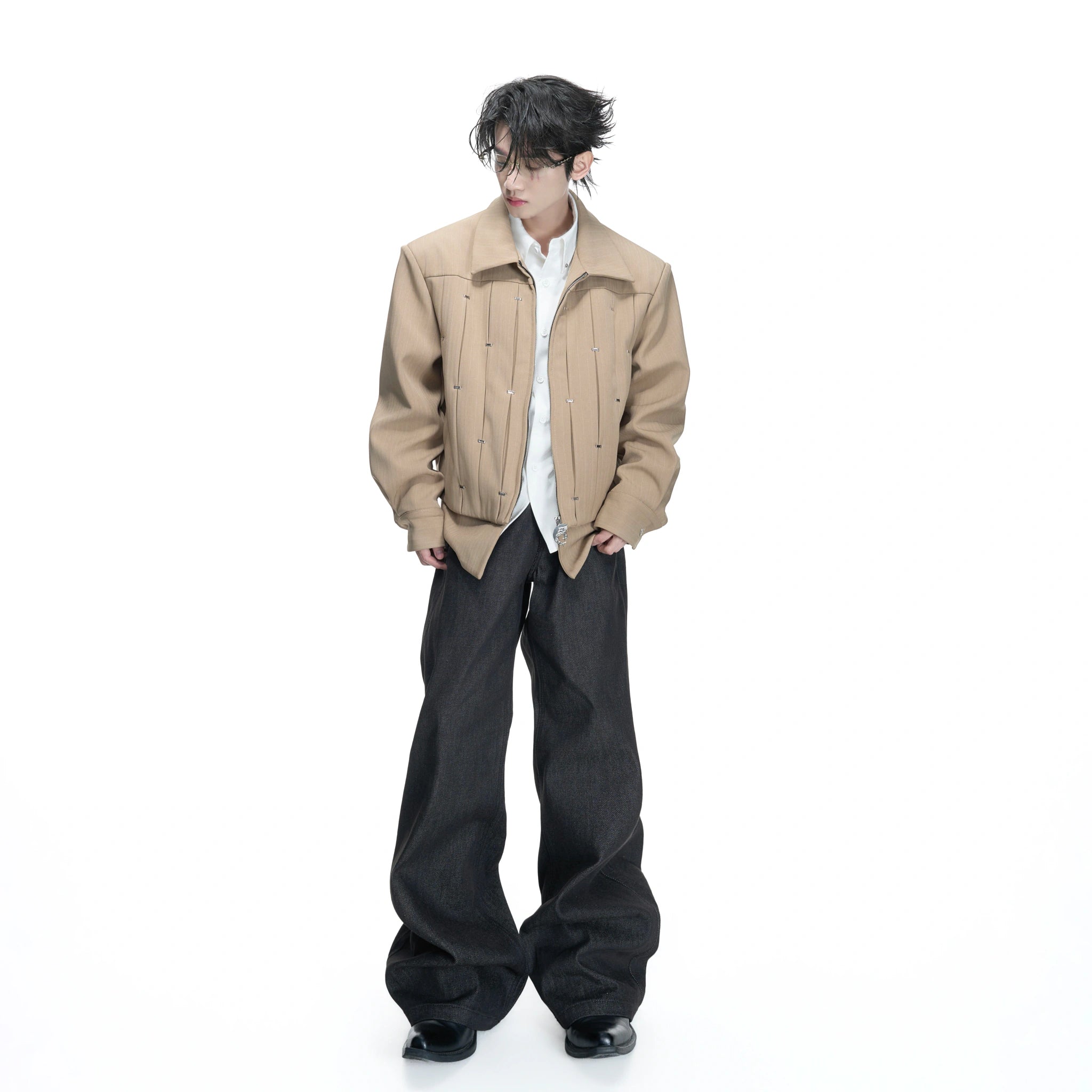 Pleated Faux Two-Piece Striped Jacket | Unisex Denim - main image 5