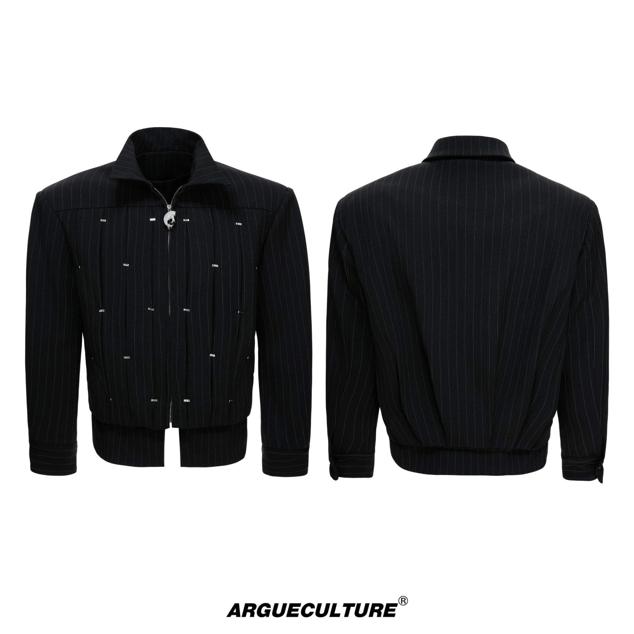 Pleated Faux Two-Piece Striped Jacket | Unisex Denim - Deep Black Top
