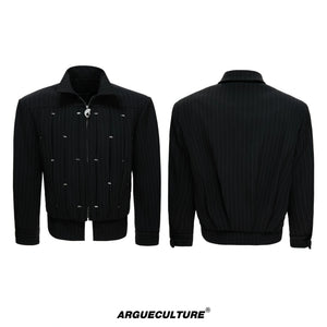 Pleated Faux Two-Piece Striped Jacket | Unisex Denim - Deep Black Top
