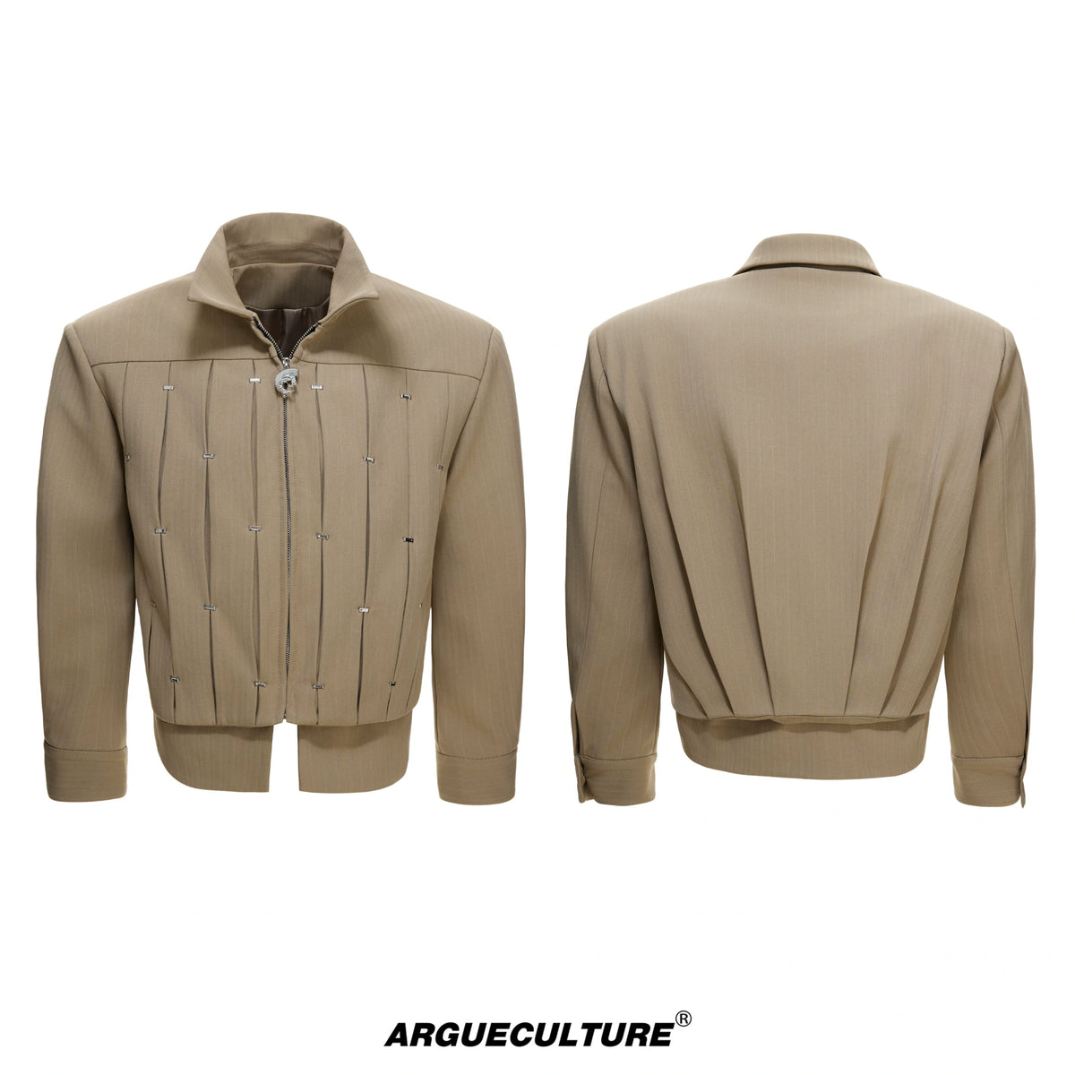 Pleated Faux Two-Piece Striped Jacket | Unisex Denim - Deep Khaki Top