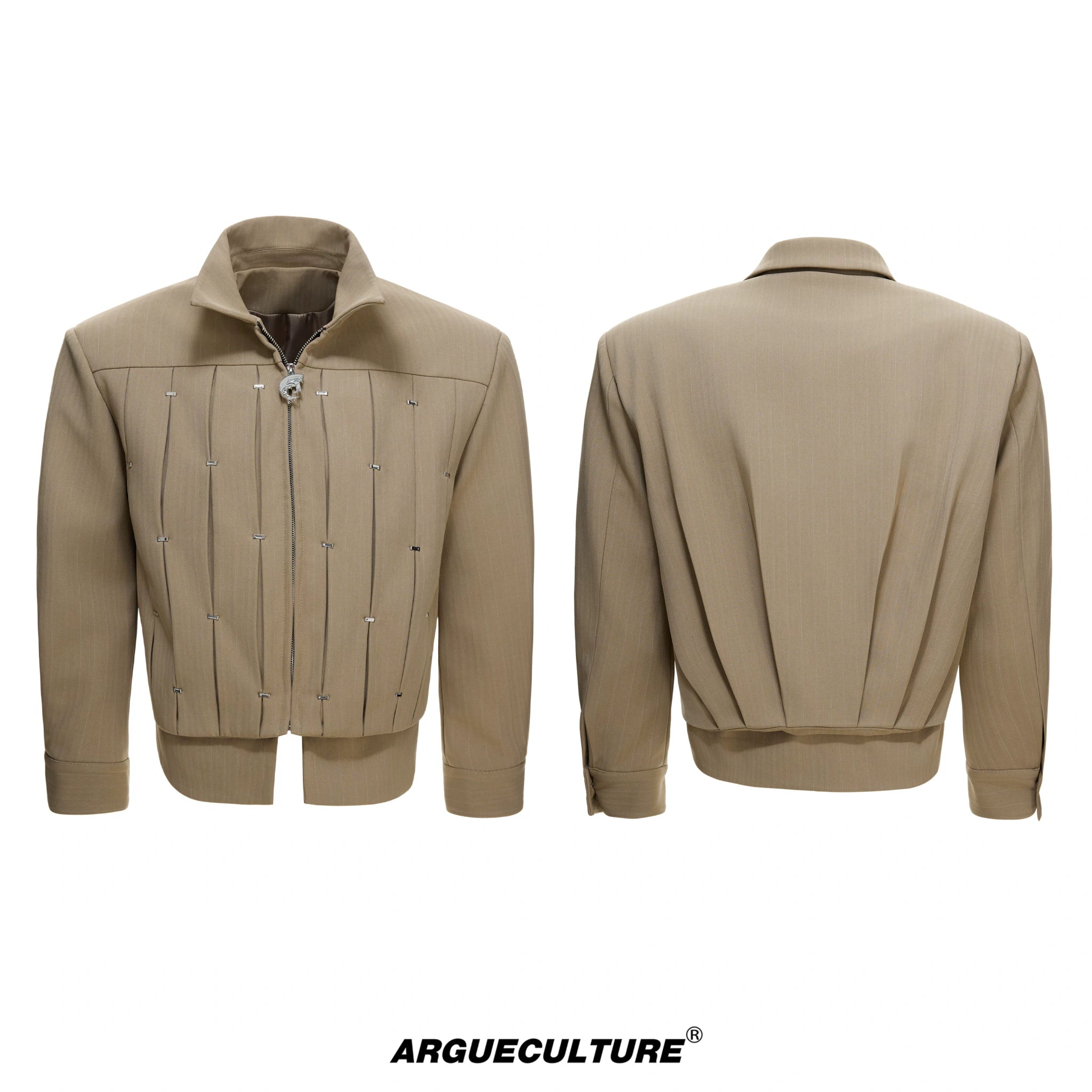 Pleated Faux Two-Piece Striped Jacket | Unisex Denim - Deep Khaki Top