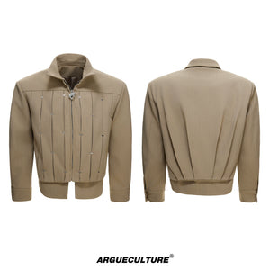 Pleated Faux Two-Piece Striped Jacket | Unisex Denim - Deep Khaki Top