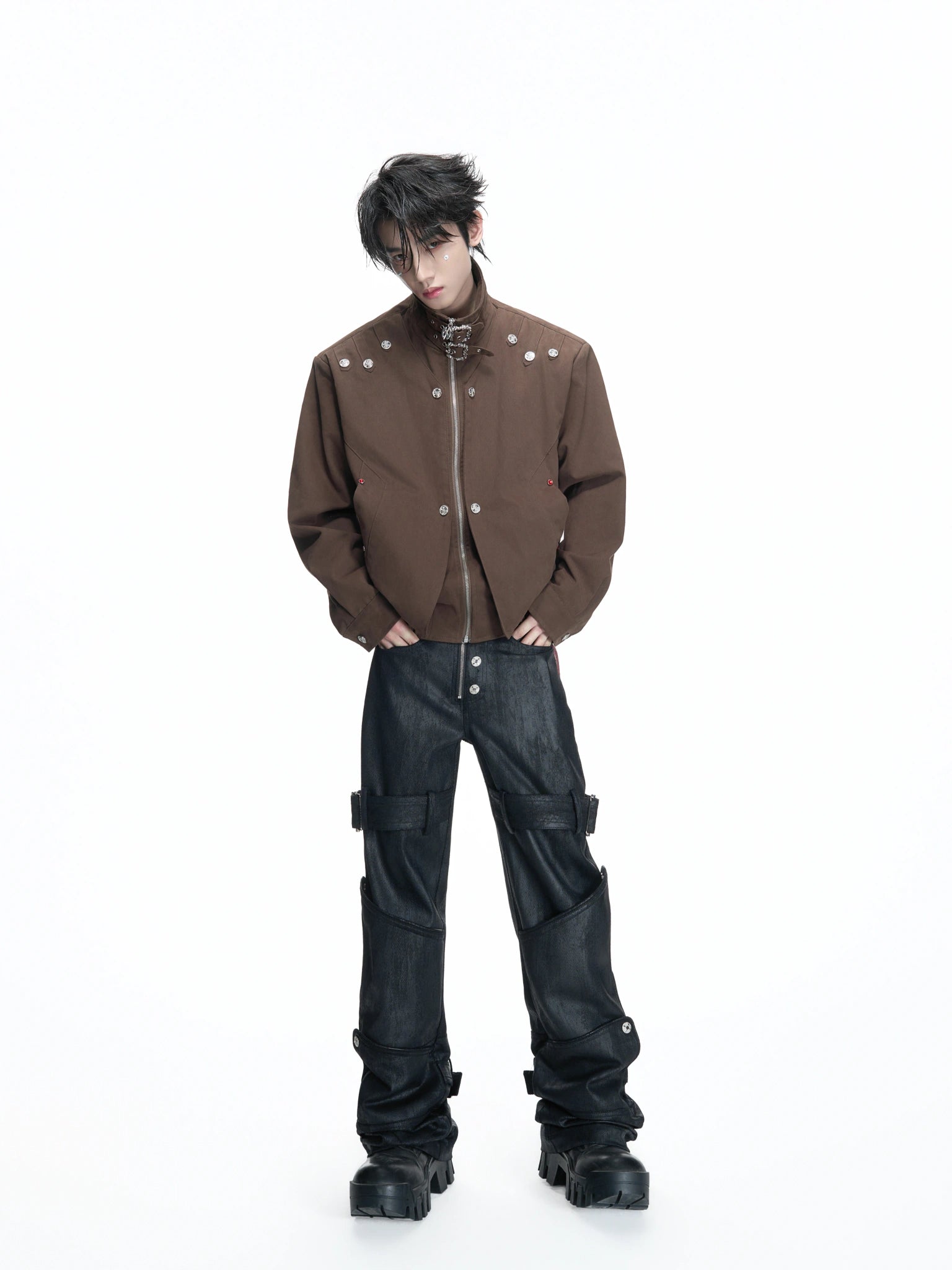 Washed Cropped Stand-Collar Court-Button Jacket - main image 4