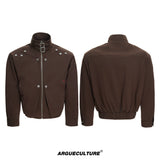 Washed Cropped Stand-Collar Court-Button Jacket - Brown Top