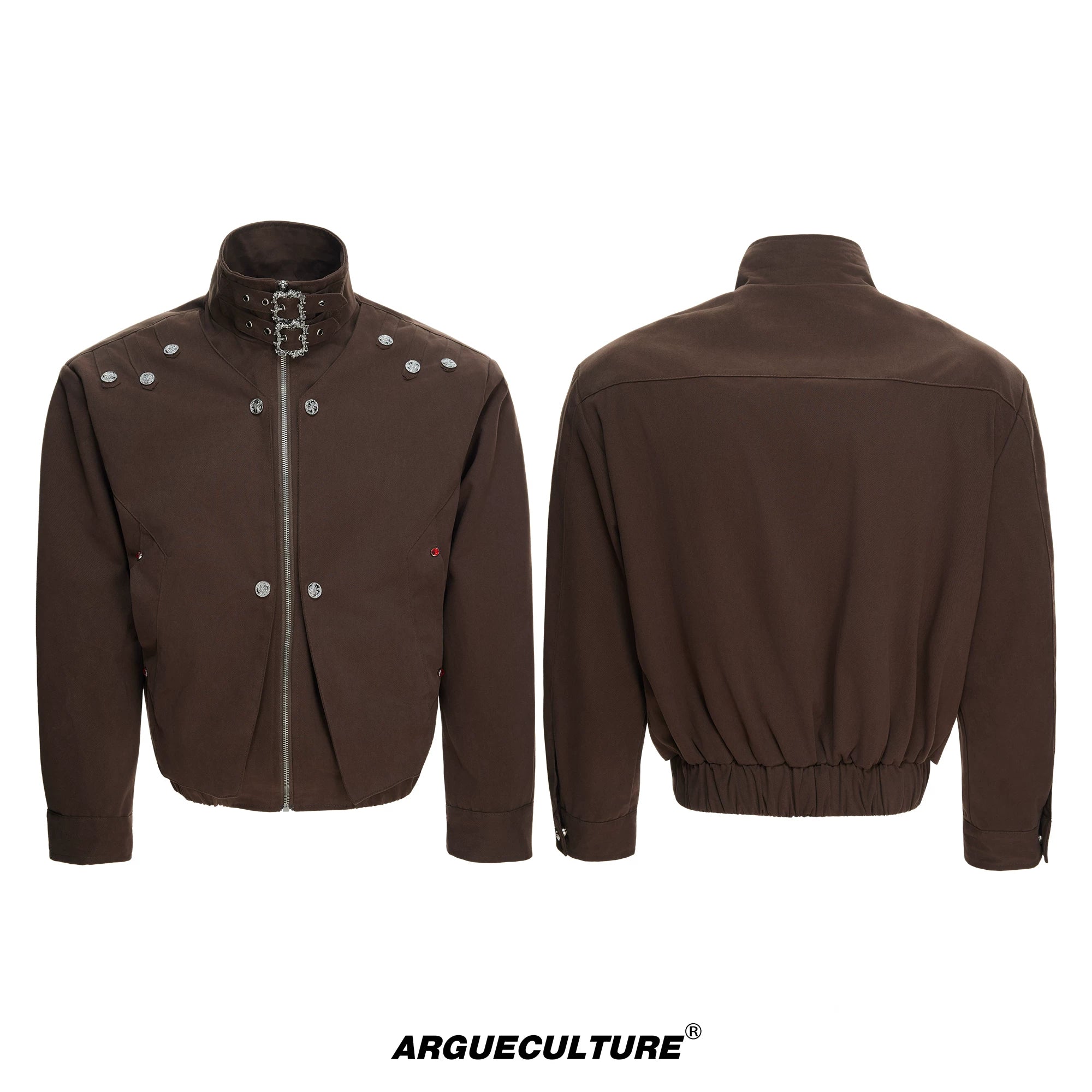 Washed Cropped Stand-Collar Court-Button Jacket - Brown Top