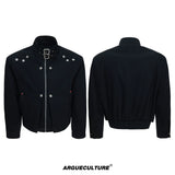 Washed Cropped Stand-Collar Court-Button Jacket - Black Top