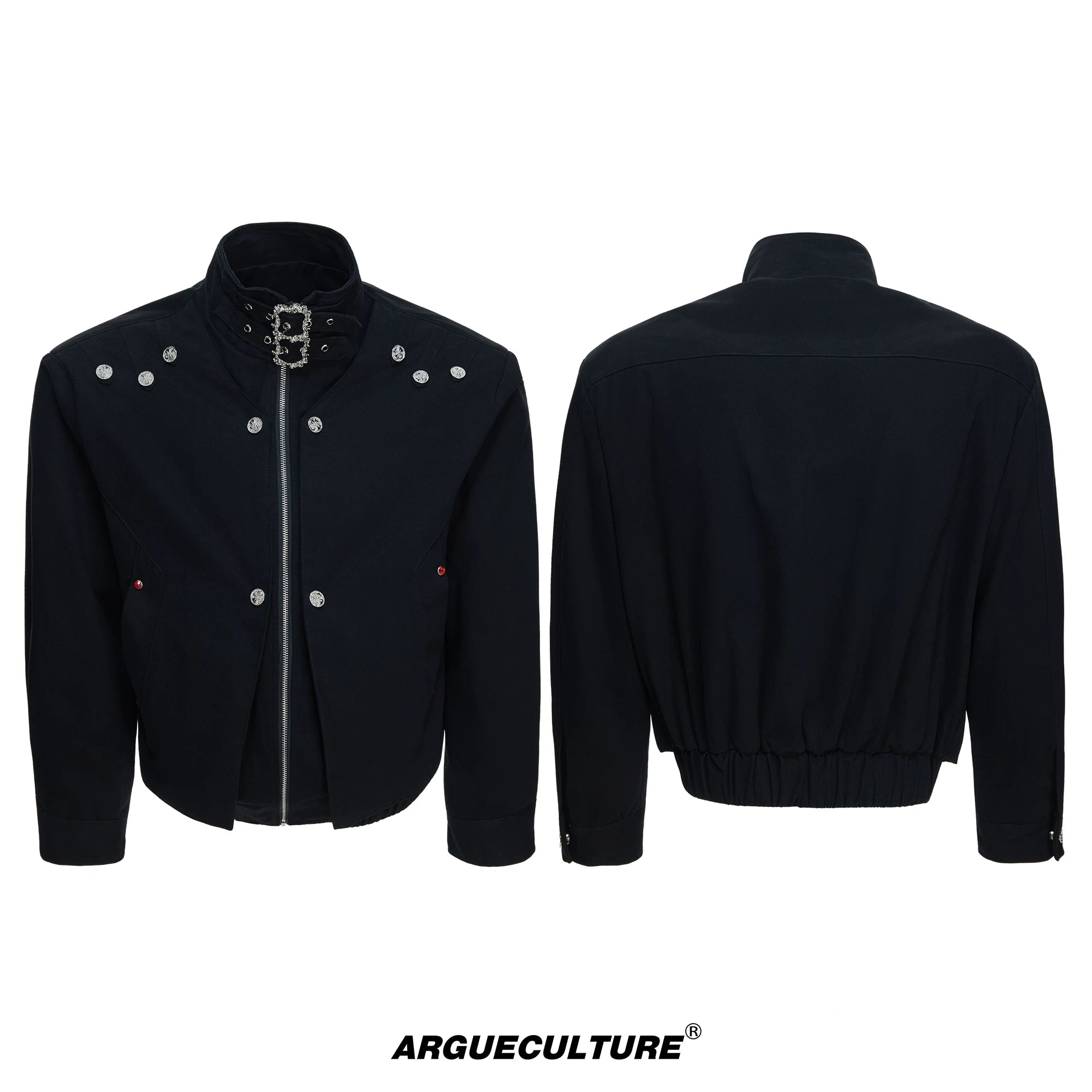 Washed Cropped Stand-Collar Court-Button Jacket - Black Top