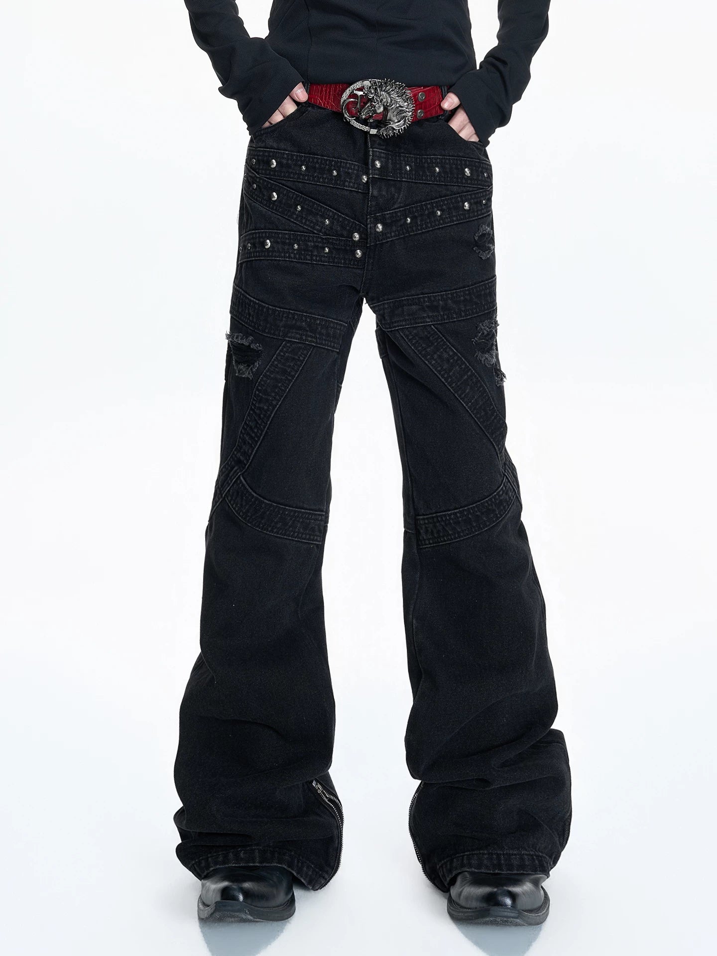 Washed Black Flare Jeans with Rivets | Unisex Streetwear - main image 1
