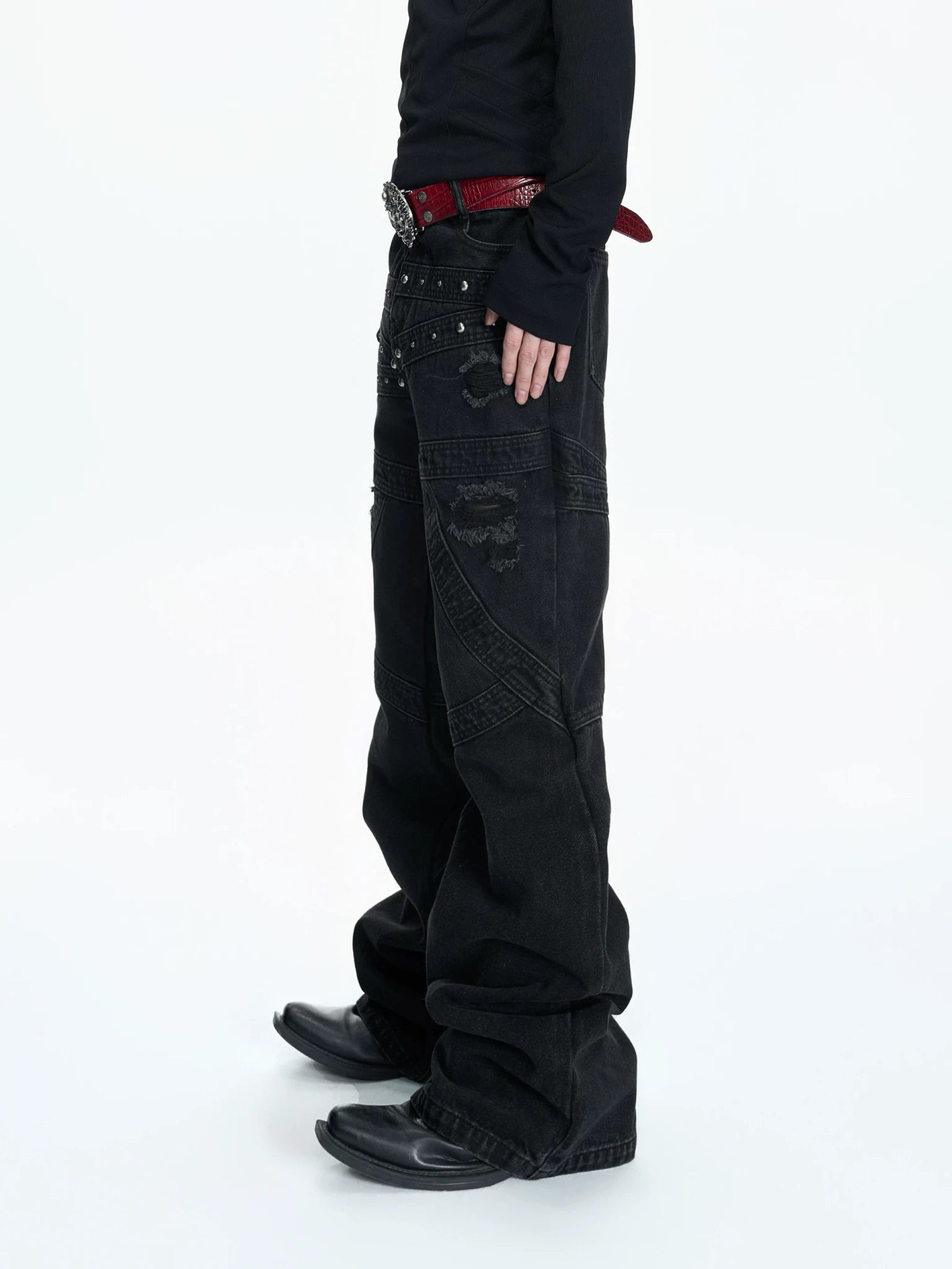 Washed Black Flare Jeans with Rivets | Unisex Streetwear - main image 2