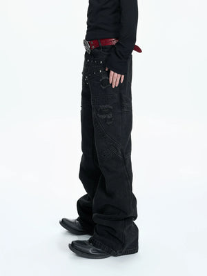 Washed Black Flare Jeans with Rivets | Unisex Streetwear - main image 2