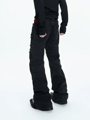 Washed Black Flare Jeans with Rivets | Unisex Streetwear - main image 3