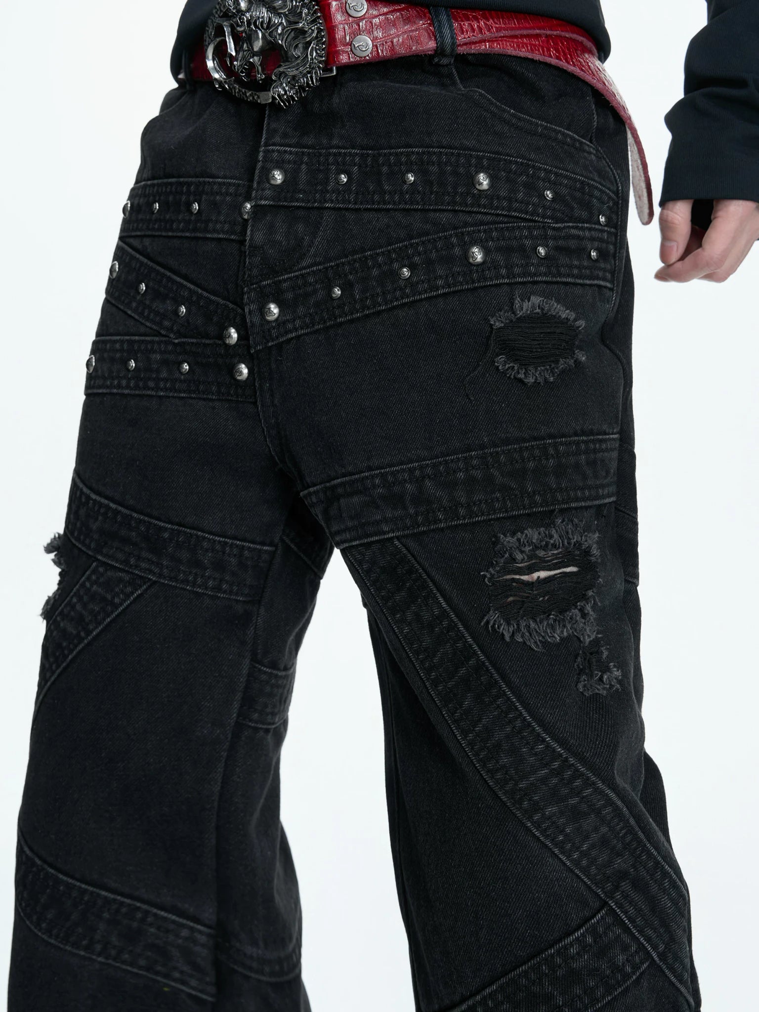 Washed Black Flare Jeans with Rivets | Unisex Streetwear - main image 4