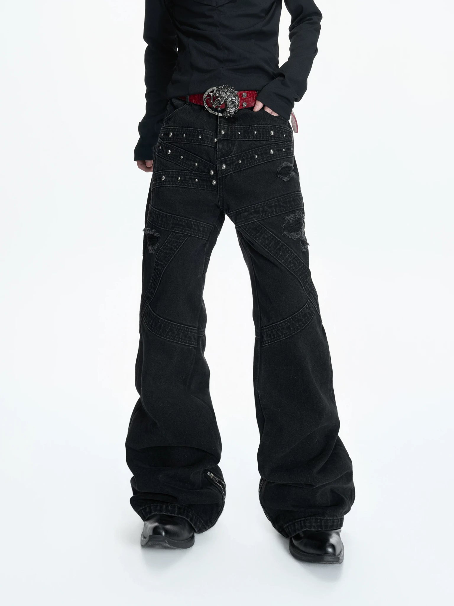 Washed Black Flare Jeans with Rivets | Unisex Streetwear - main image 5