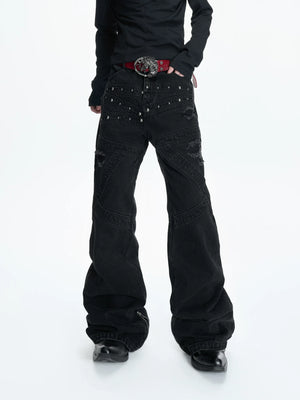 Washed Black Flare Jeans with Rivets | Unisex Streetwear - main image 5