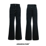 Washed Black Flare Jeans with Rivets | Unisex Streetwear - Black Pants