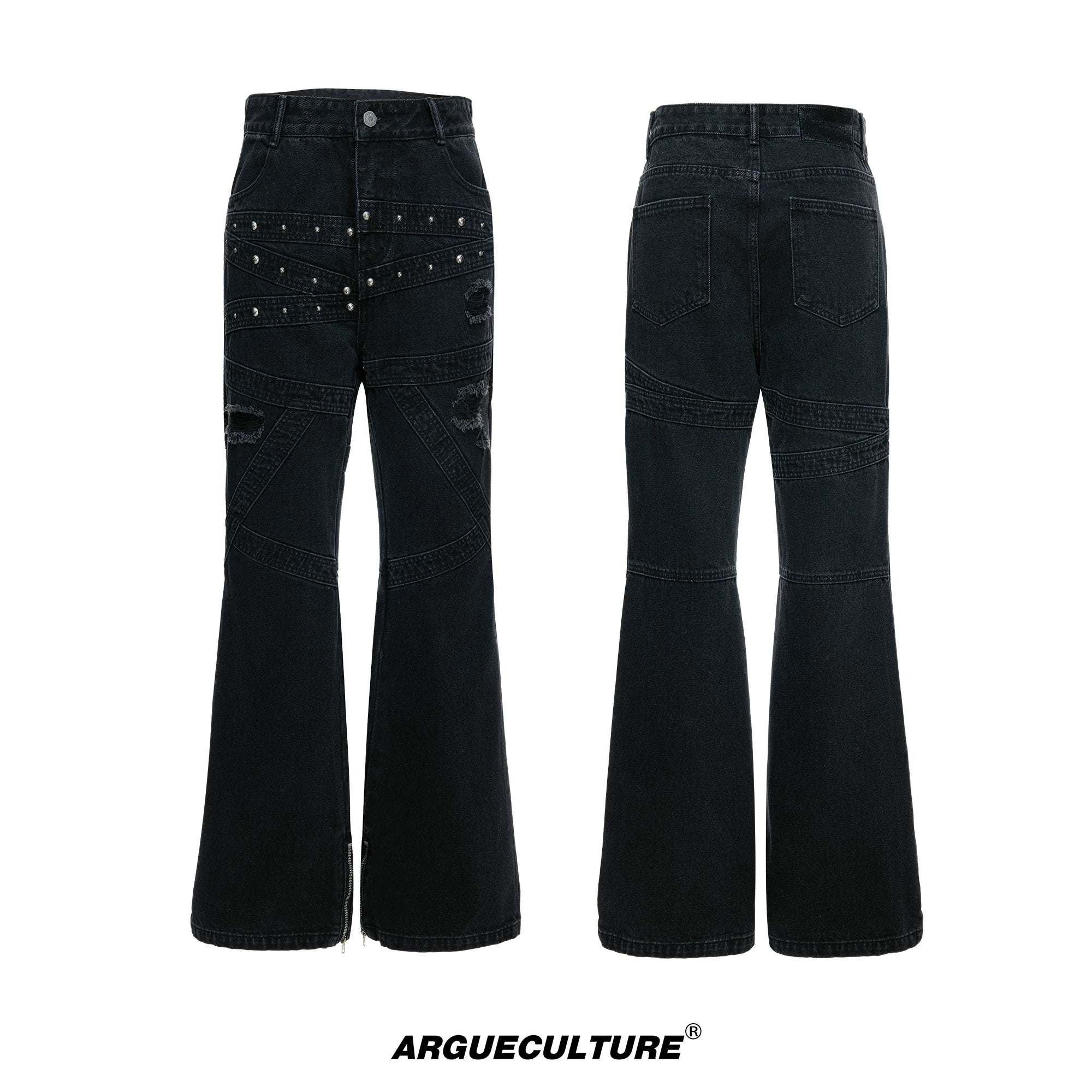 Washed Black Flare Jeans with Rivets | Unisex Streetwear - Black Pants