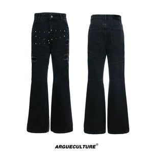 Washed Black Flare Jeans with Rivets | Unisex Streetwear - Black Pants
