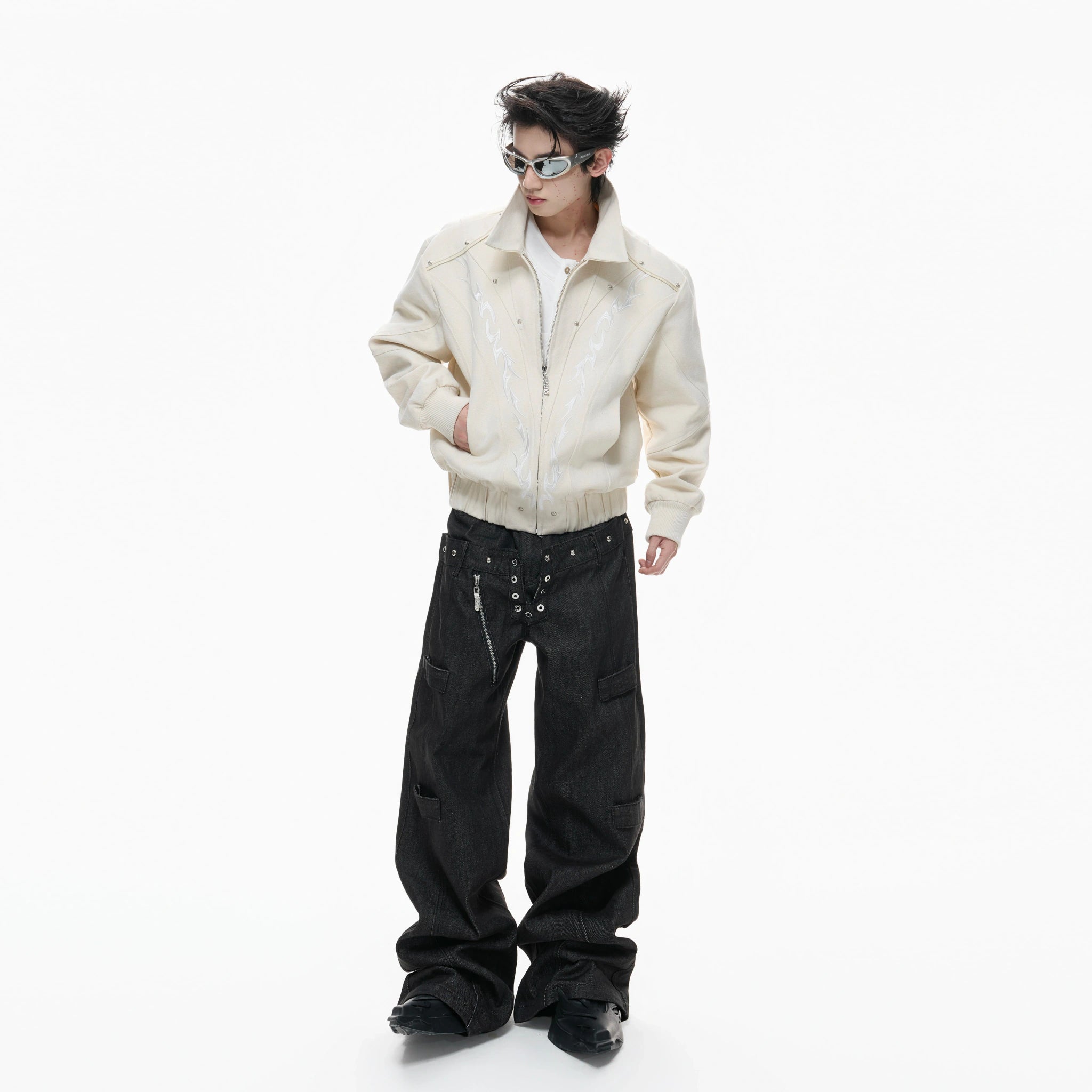 Washed Canvas Flame Rivet Jacket | Short Streetwear - main image 3