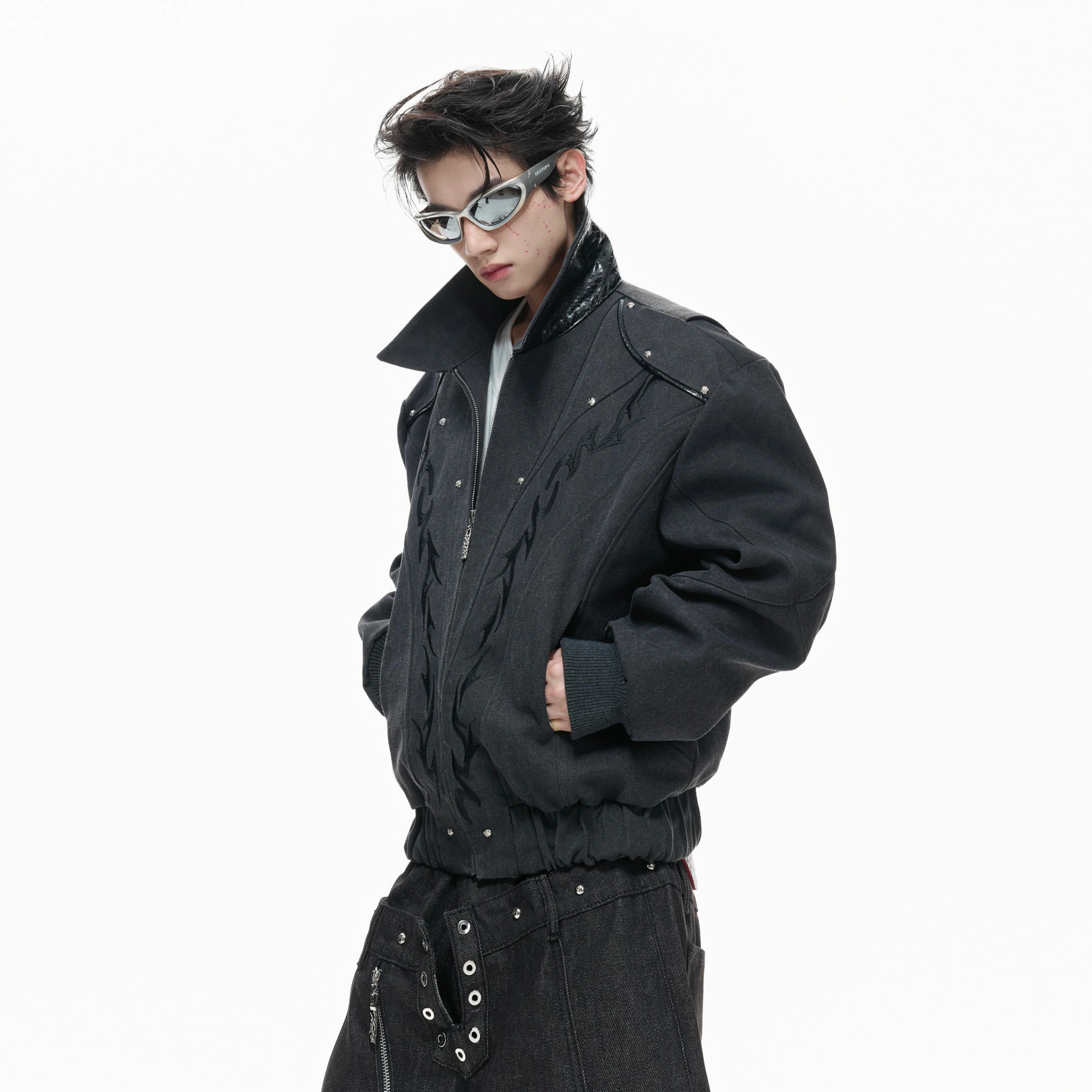 Washed Canvas Flame Rivet Jacket | Short Streetwear - main image 5