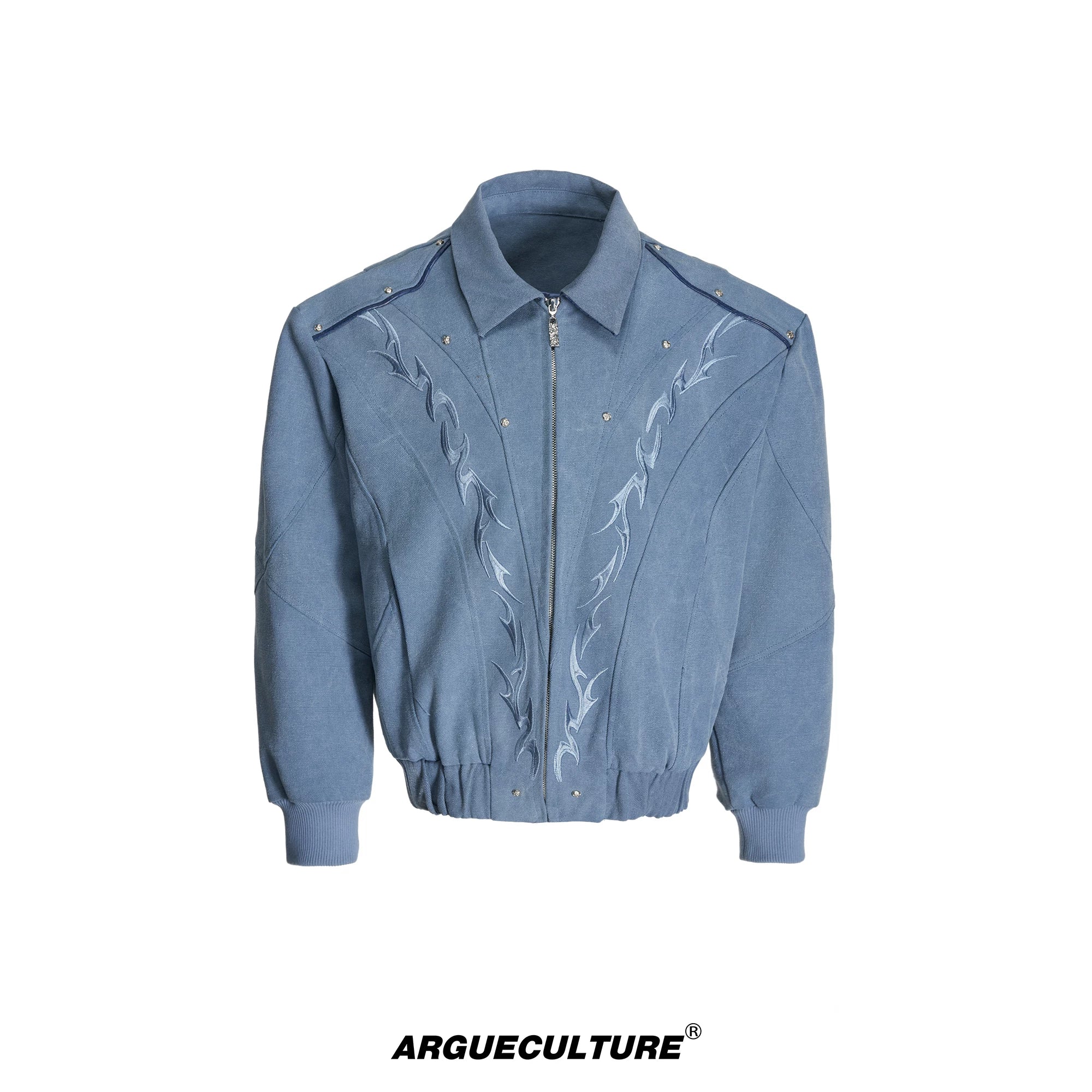 Washed Canvas Flame Rivet Jacket | Short Streetwear - Blue Top