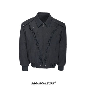 Washed Canvas Flame Rivet Jacket | Short Streetwear - Gray Top