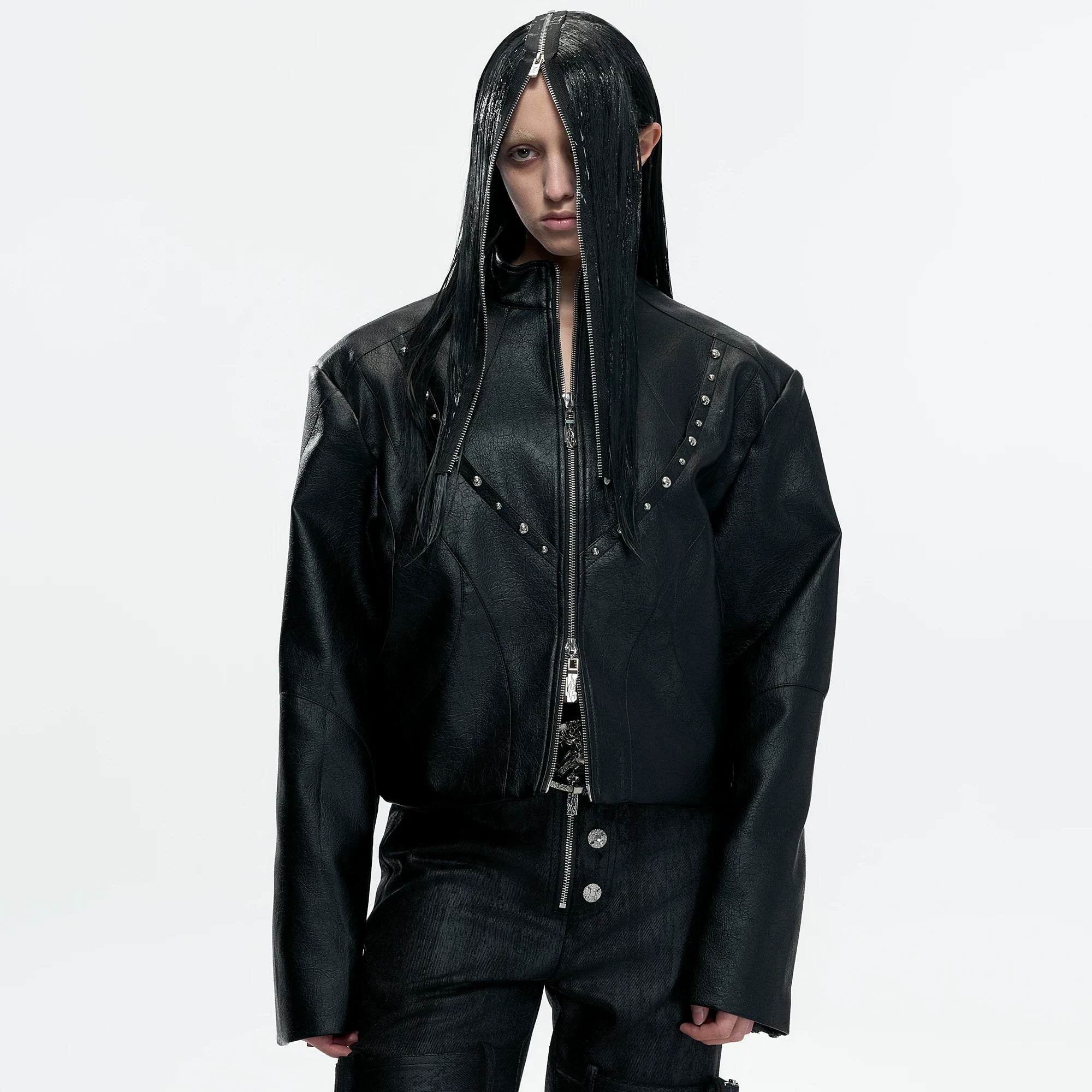 Cropped Faux Leather Rivet Jacket | Matte Streetwear - main image 1