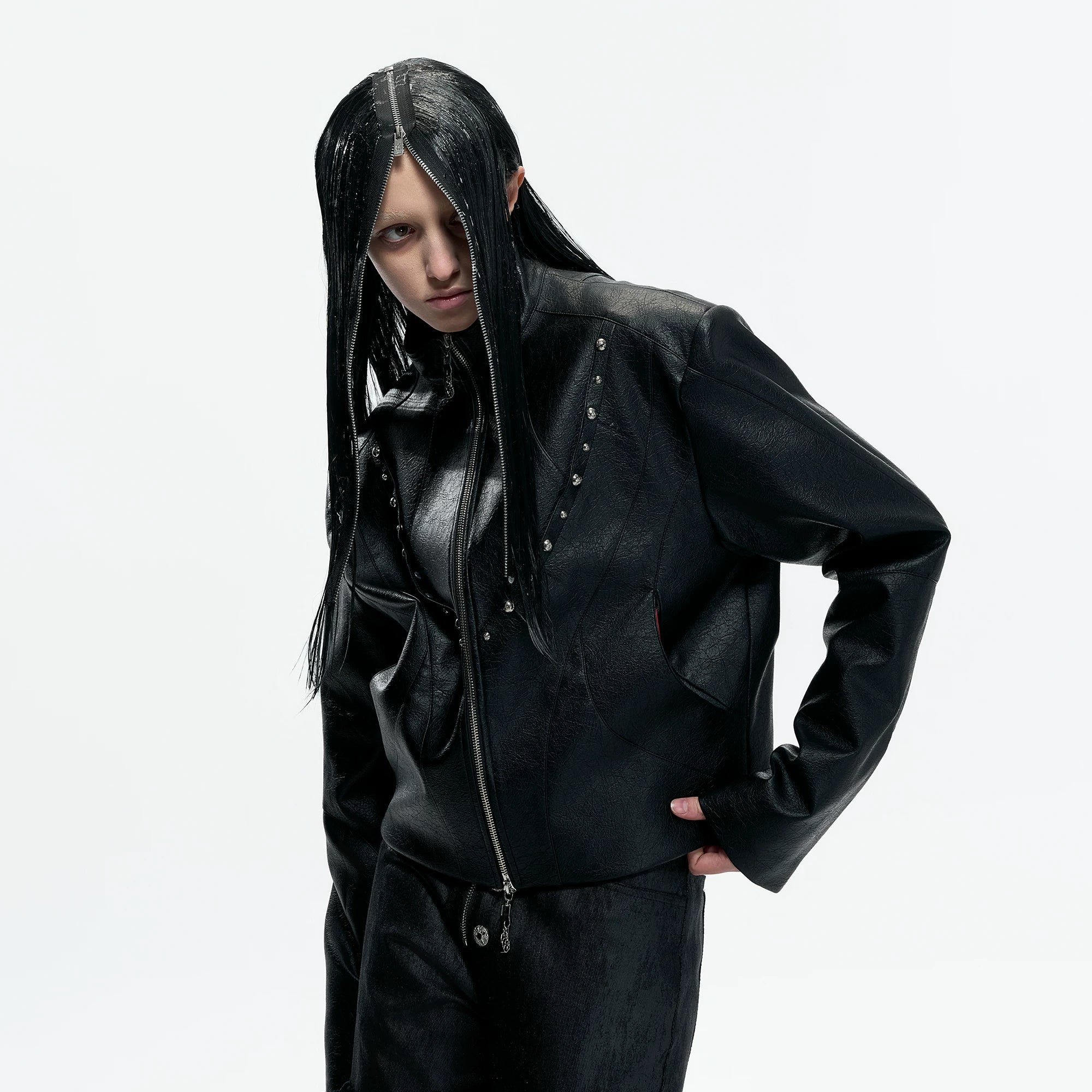 Cropped Faux Leather Rivet Jacket | Matte Streetwear - main image 2