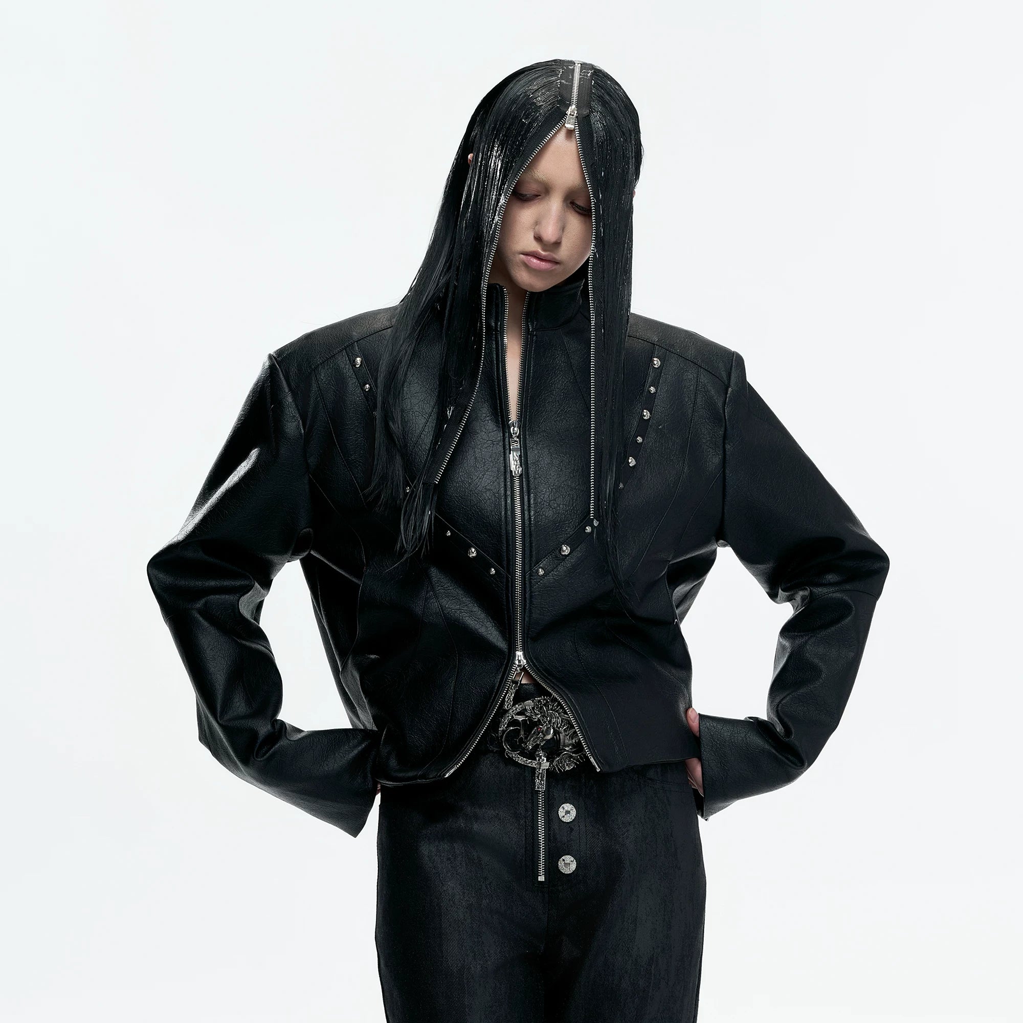 Cropped Faux Leather Rivet Jacket | Matte Streetwear - main image 3