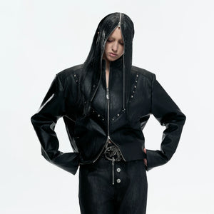 Cropped Faux Leather Rivet Jacket | Matte Streetwear - main image 3