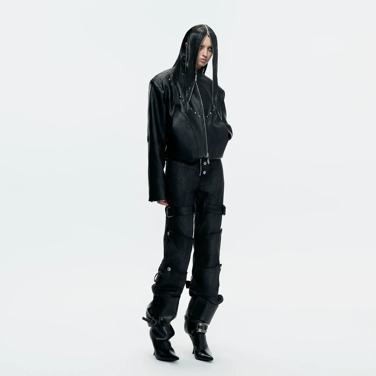 Cropped Faux Leather Rivet Jacket | Matte Streetwear - main image 5