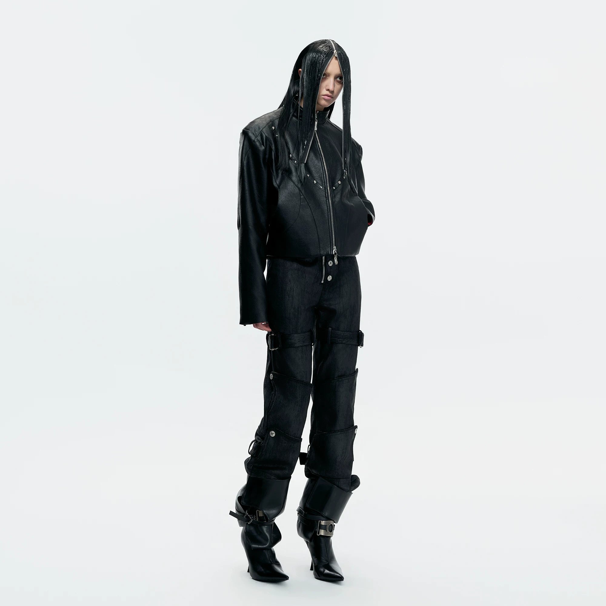 Cropped Faux Leather Rivet Jacket | Matte Streetwear - main image 5