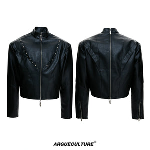 Cropped Faux Leather Rivet Jacket | Matte Streetwear - Black Top