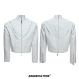 Cropped Faux Leather Rivet Jacket | Matte Streetwear - White Top