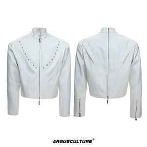 Cropped Faux Leather Rivet Jacket | Matte Streetwear - White Top