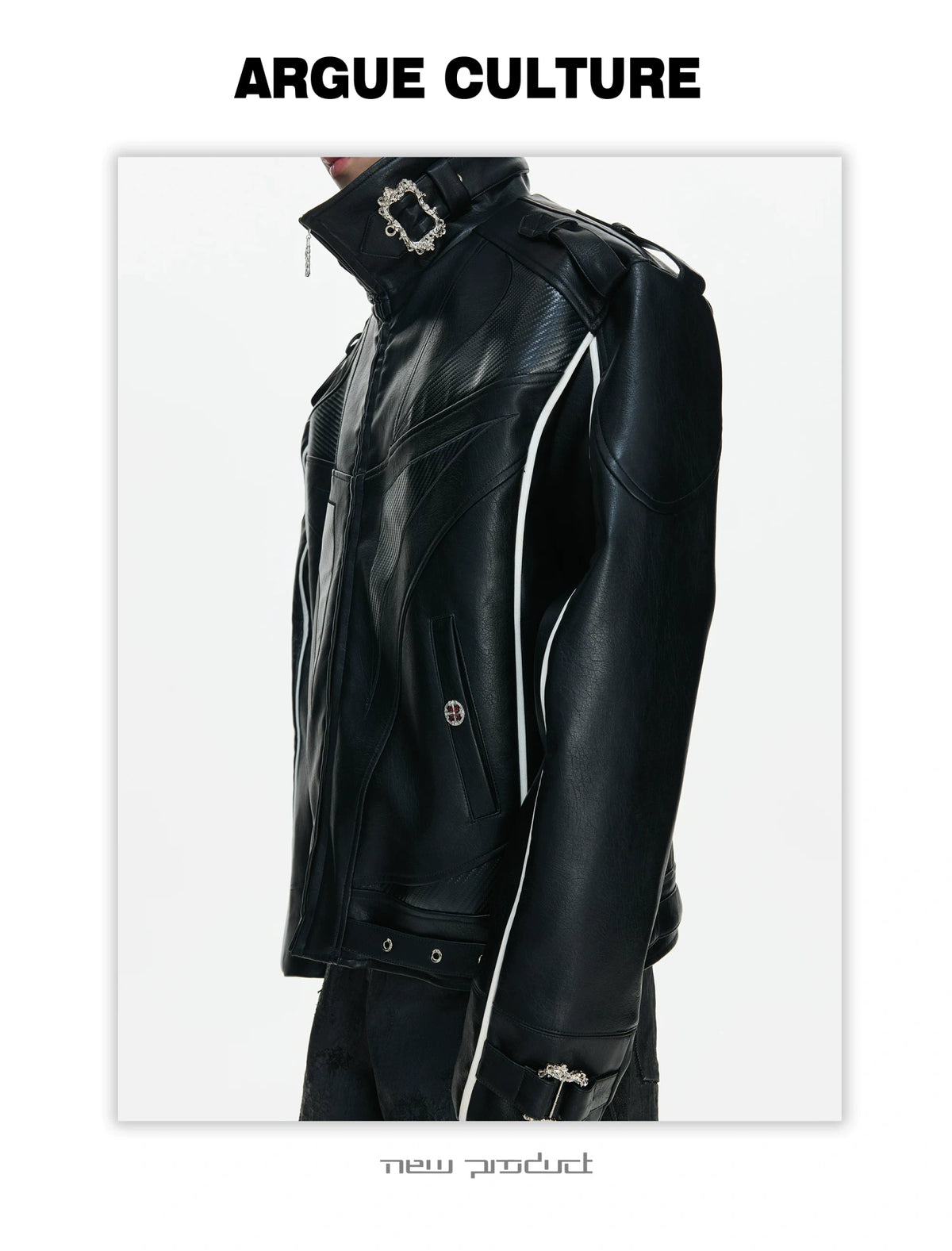 PU Leather Moto Jacket with Court Buckles | Avant-Garde - description image 8