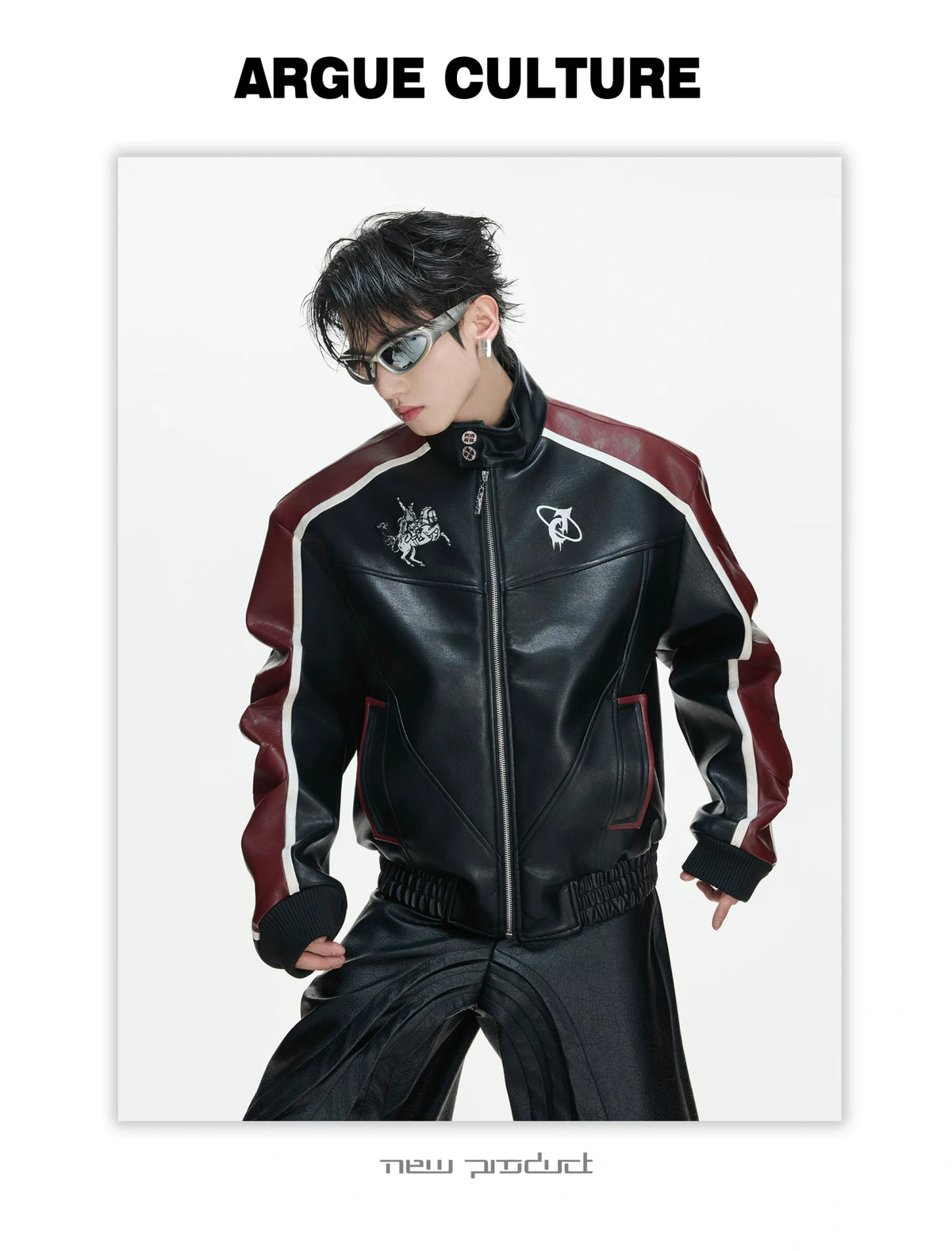 Embroidered Shield Faux Leather Moto Jacket - description image 4