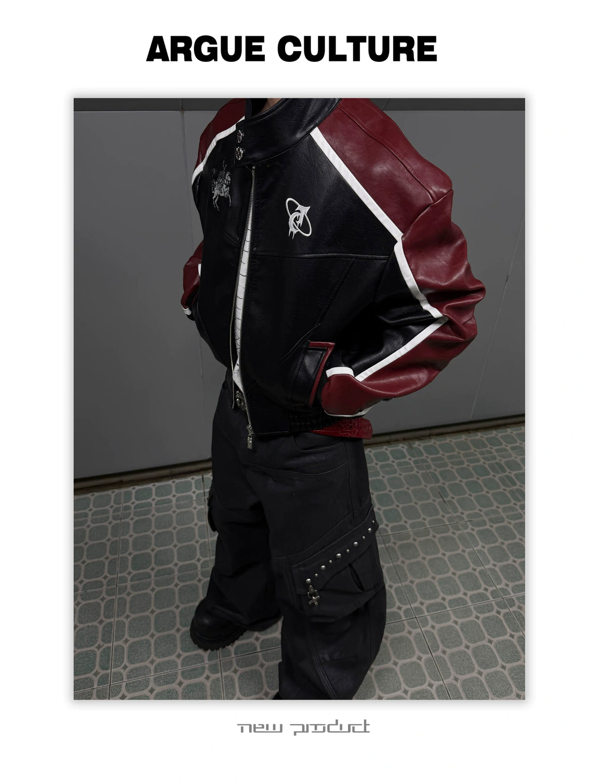 Embroidered Shield Faux Leather Moto Jacket - description image 7