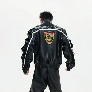 Embroidered Shield Faux Leather Moto Jacket - main image 2