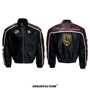 Embroidered Shield Faux Leather Moto Jacket - Red Top