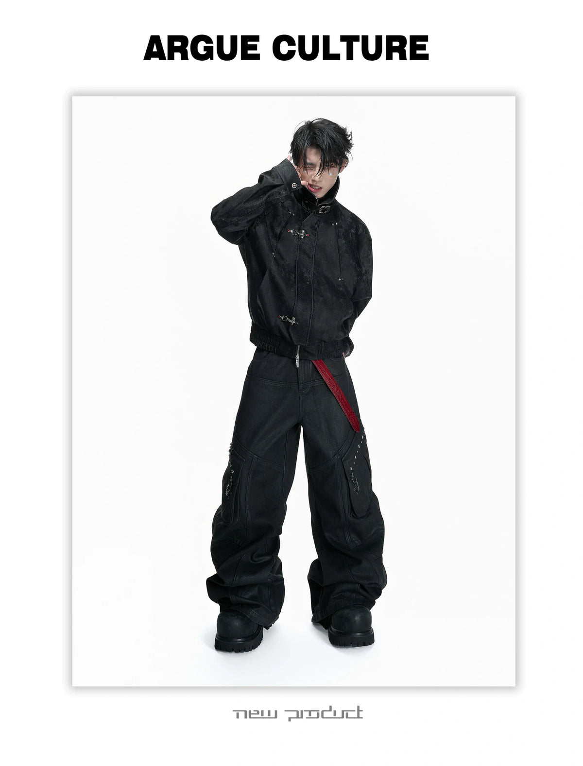 Black Waxed Cotton Cargo Jeans with Double Pleats - description image 2