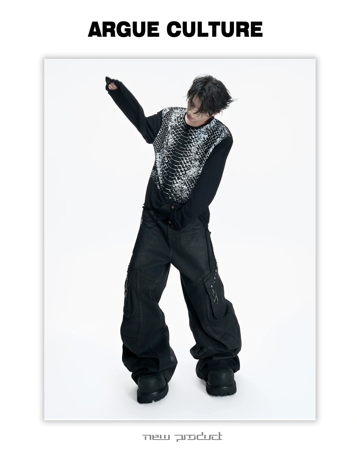 Black Waxed Cotton Cargo Jeans with Double Pleats - description image 3