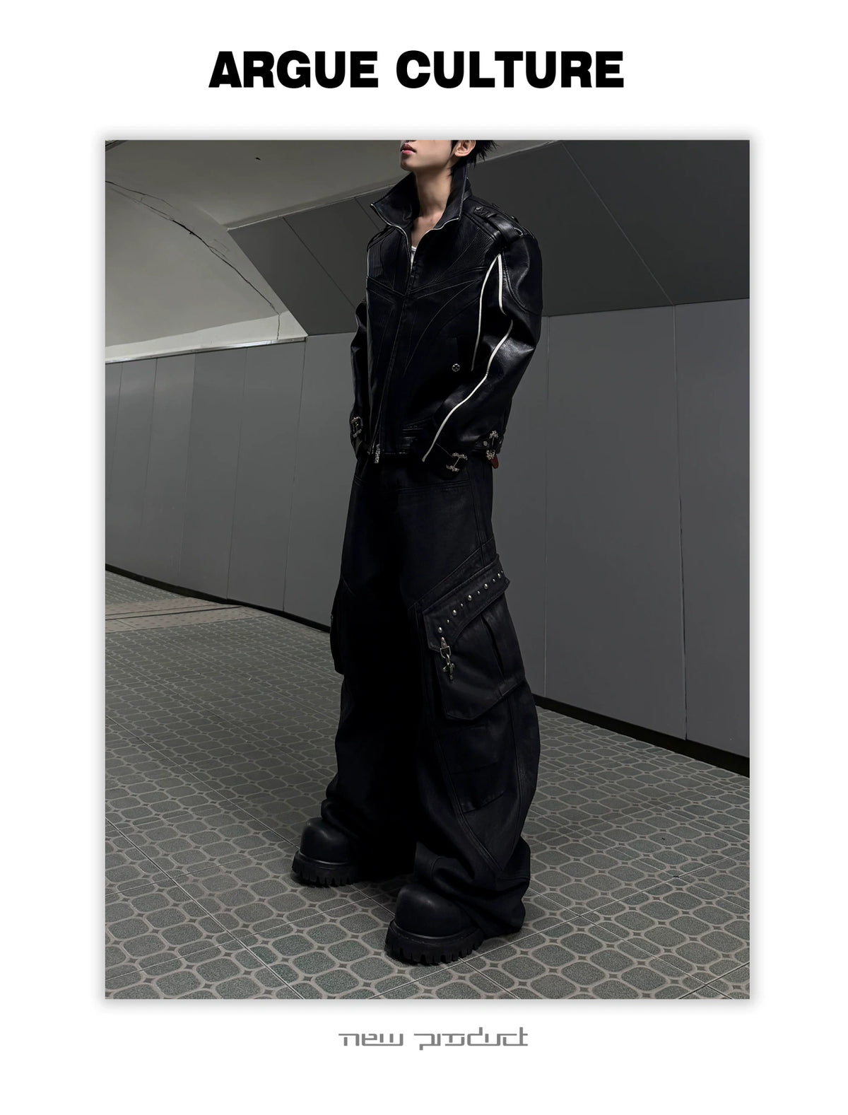 Black Waxed Cotton Cargo Jeans with Double Pleats - description image 4