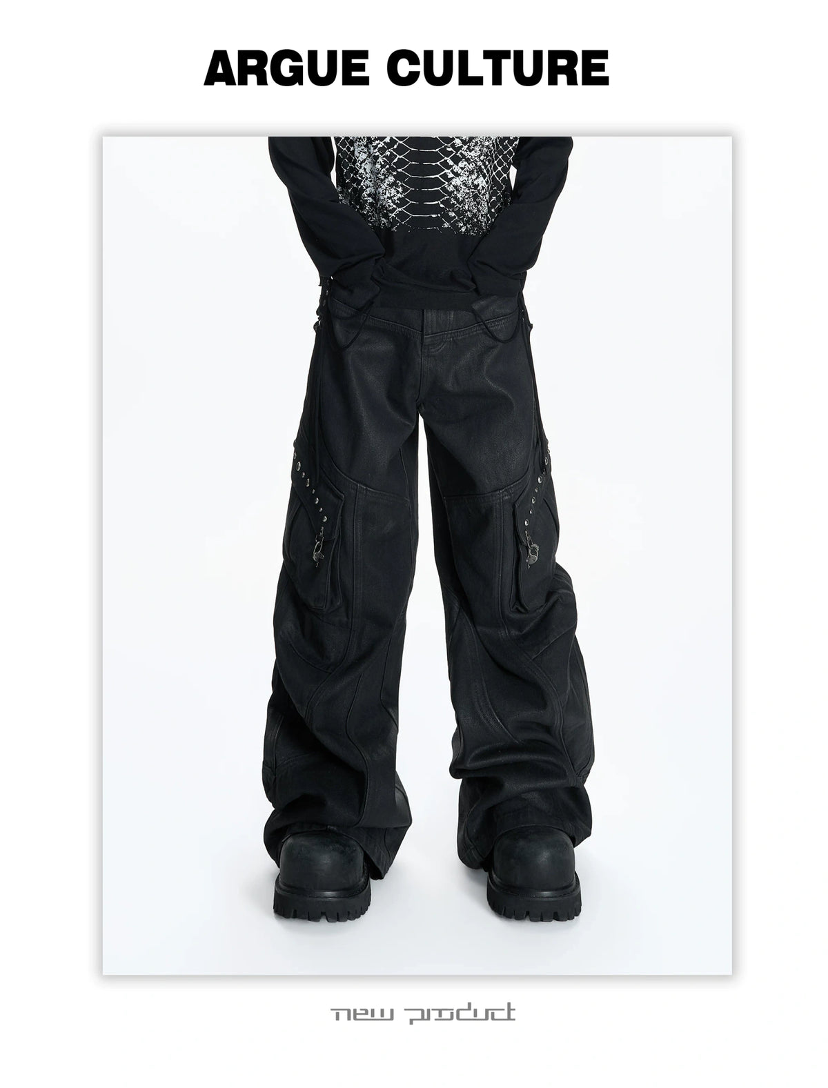 Black Waxed Cotton Cargo Jeans with Double Pleats - description image 5