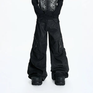 Black Waxed Cotton Cargo Jeans with Double Pleats - main image 1