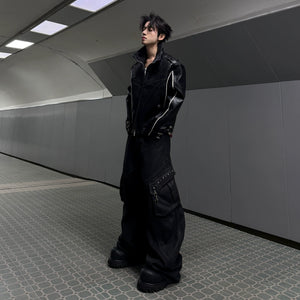 Black Waxed Cotton Cargo Jeans with Double Pleats - main image 3
